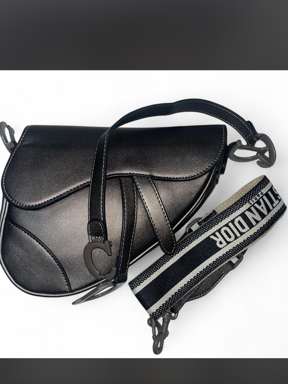 Dior Black Leather Saddle Bag with Branded Strap - Picture 1 of 8